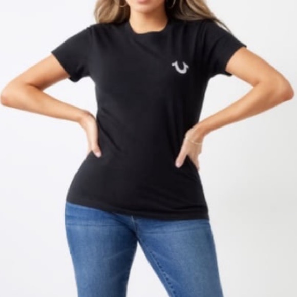 True Religion Women GLITTER WORLD WIDE LOGO TEE XS NWT Black/Orange - Picture 3 of 10